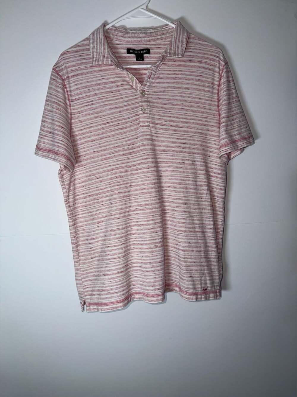 Michael Kors Polo Shirt Size L Pink White Striped Short Sleeve